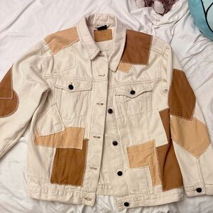 BDG Patchwork Denim Trucker Jacket Sz M Oversized Cream Tan Boho Festival Casual